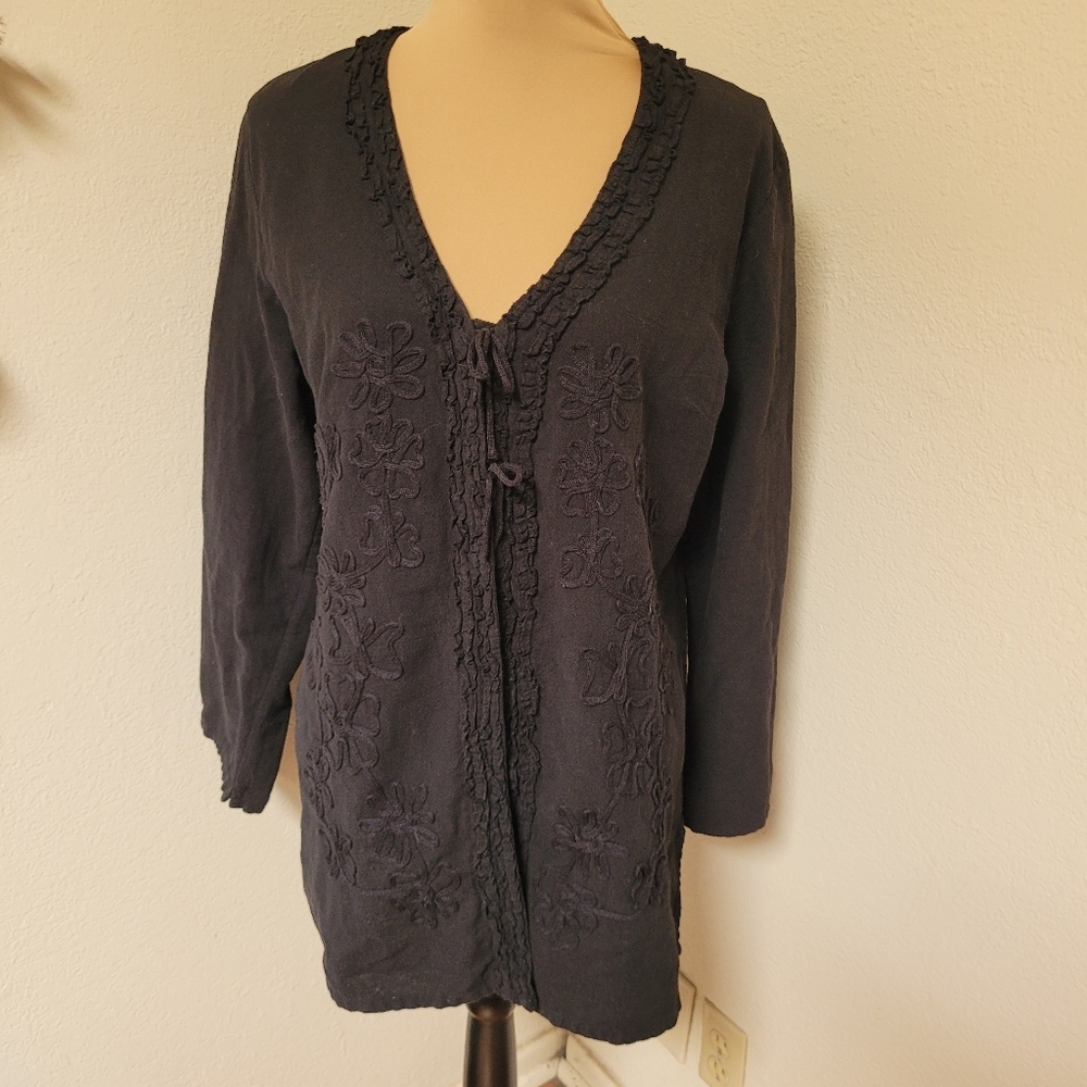 Soft Surroundings Black Embroidered and Ruffled Snap Front Top